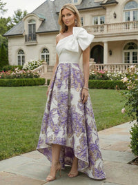 A-Line Floral Jacquard High-Low Hem Mother of the Bride & Groom Dresses One Shoulder Evening Gowns with Bow