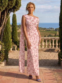 Sheath Chiffon Floral Print Off Shoulder Mother of the Bride & Groom Dresses with Draped Cape