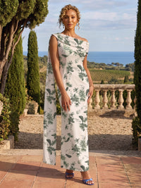 Sheath Chiffon Floral Print Off Shoulder Mother of the Bride & Groom Dresses with Draped Cape
