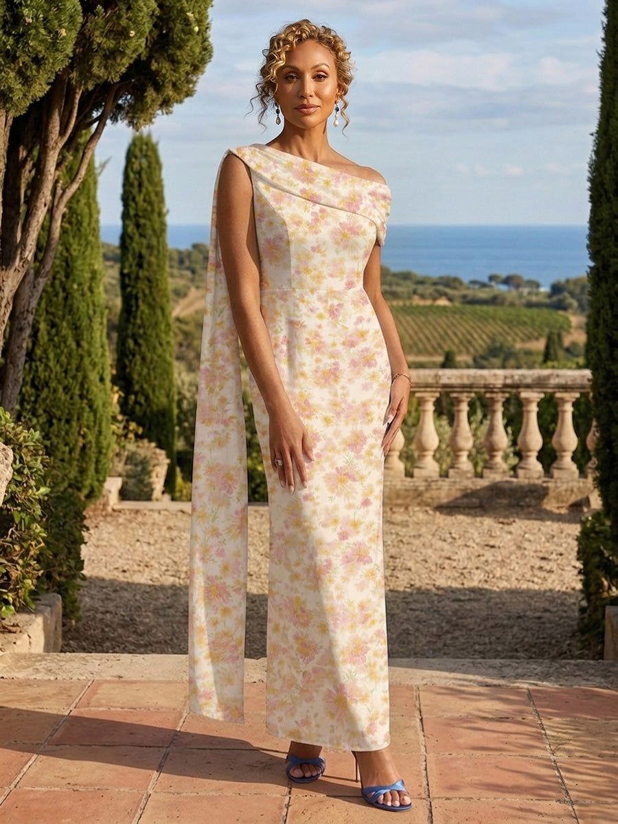 Sheath Chiffon Floral Print Off Shoulder Mother of the Bride & Groom Dresses with Draped Cape