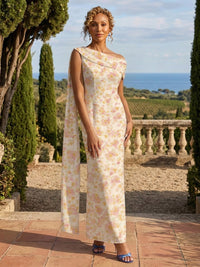 Sheath Chiffon Floral Print Off Shoulder Mother of the Bride & Groom Dresses with Draped Cape