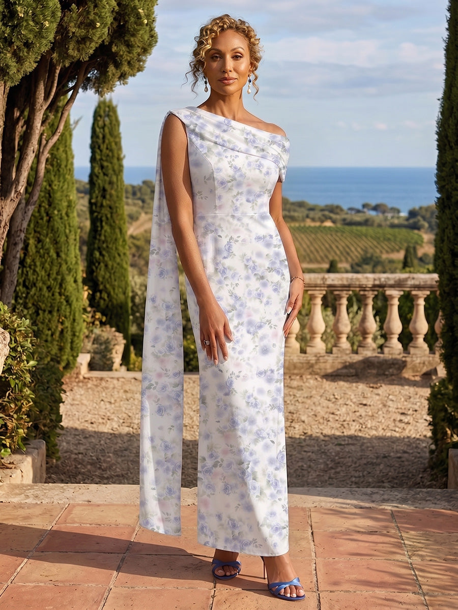 Sheath Chiffon Floral Print Off Shoulder Mother of the Bride & Groom Dresses with Draped Cape
