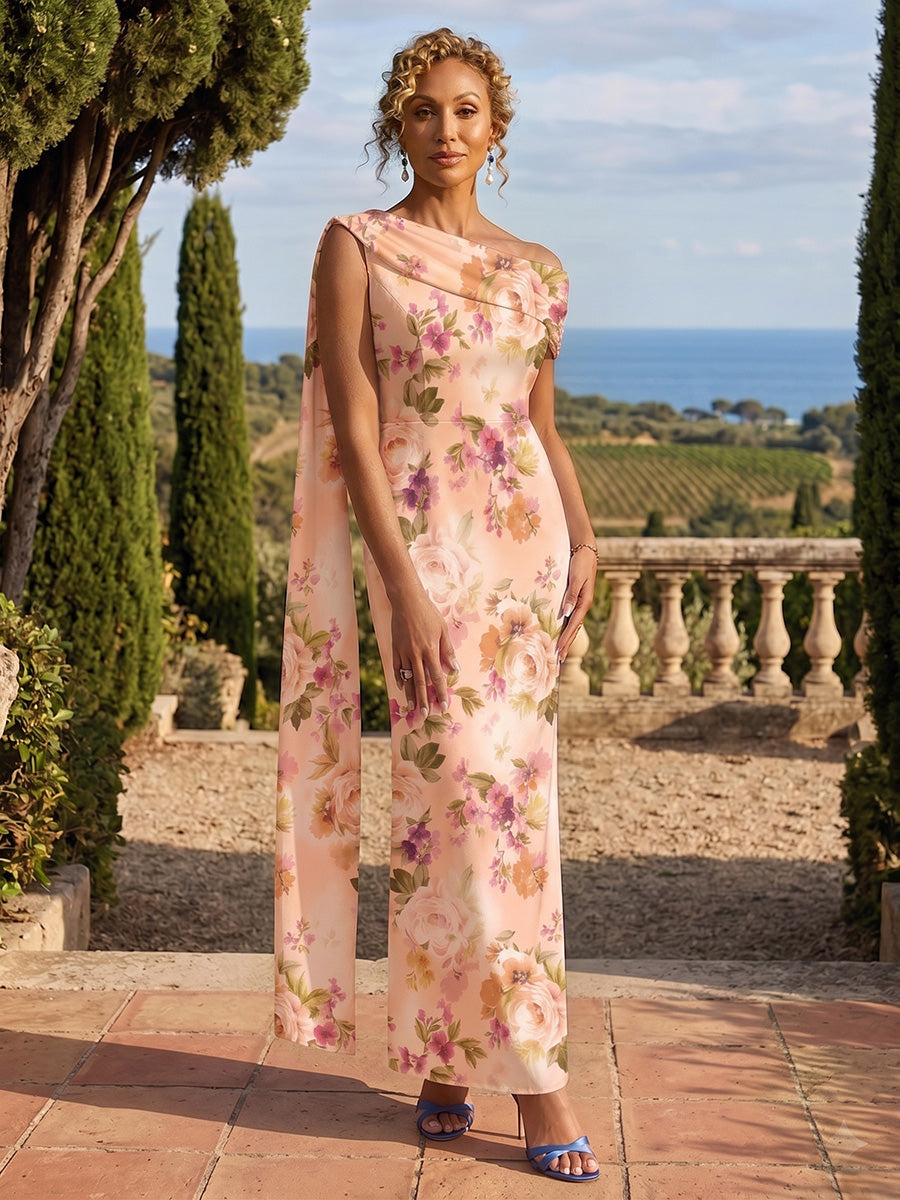 Sheath Chiffon Floral Print Off Shoulder Mother of the Bride & Groom Dresses with Draped Cape