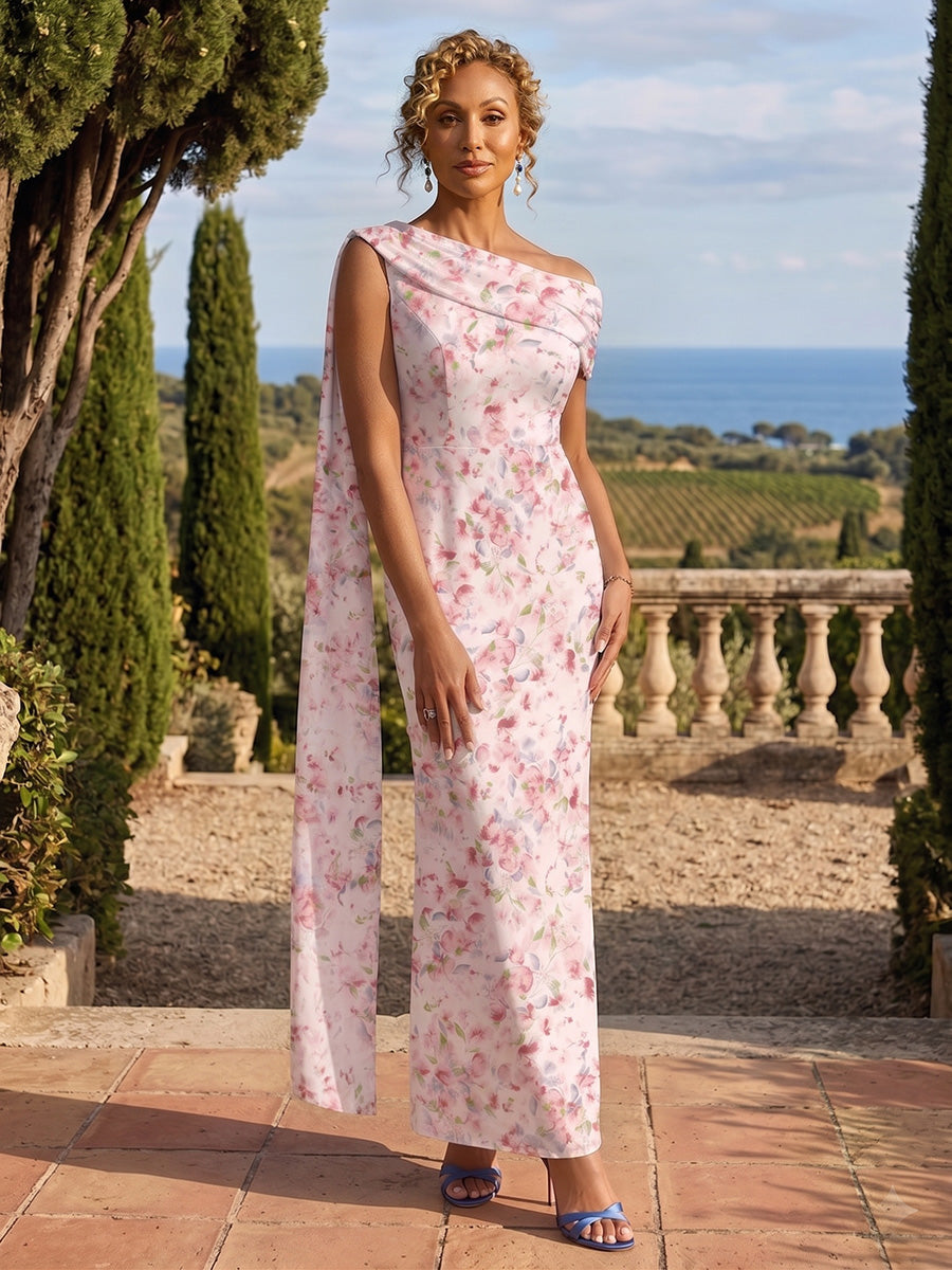Sheath Chiffon Floral Print Off Shoulder Mother of the Bride & Groom Dresses with Draped Cape