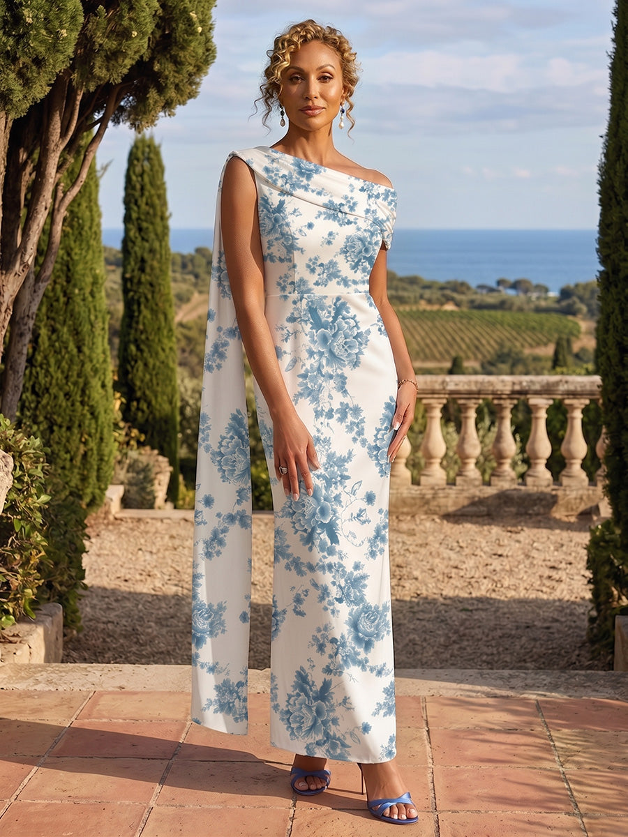 Sheath Chiffon Floral Print Off Shoulder Mother of the Bride & Groom Dresses with Draped Cape