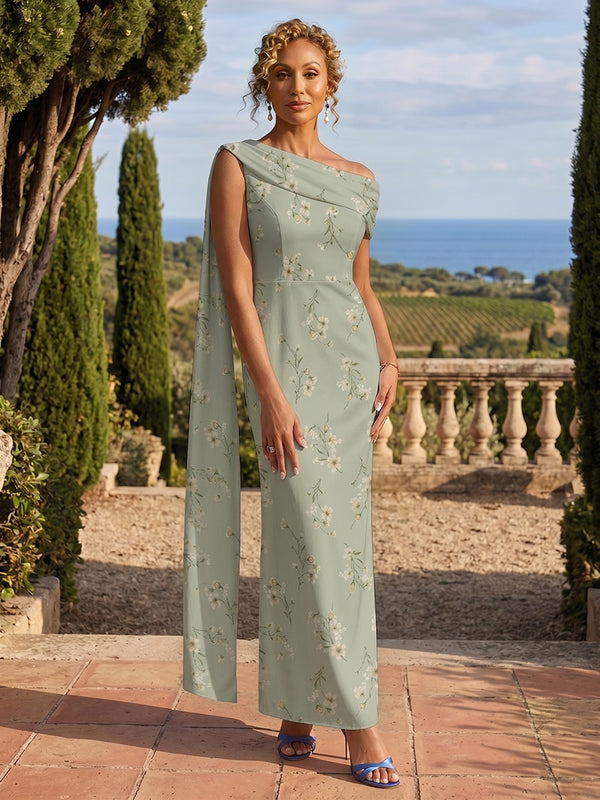 Sheath Chiffon Floral Print Off Shoulder Mother of the Bride & Groom Dresses with Draped Cape