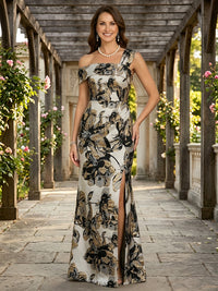 Jacquard A Line One Shoulder Slit Ruched Mother of the Bride & Groom Dresses