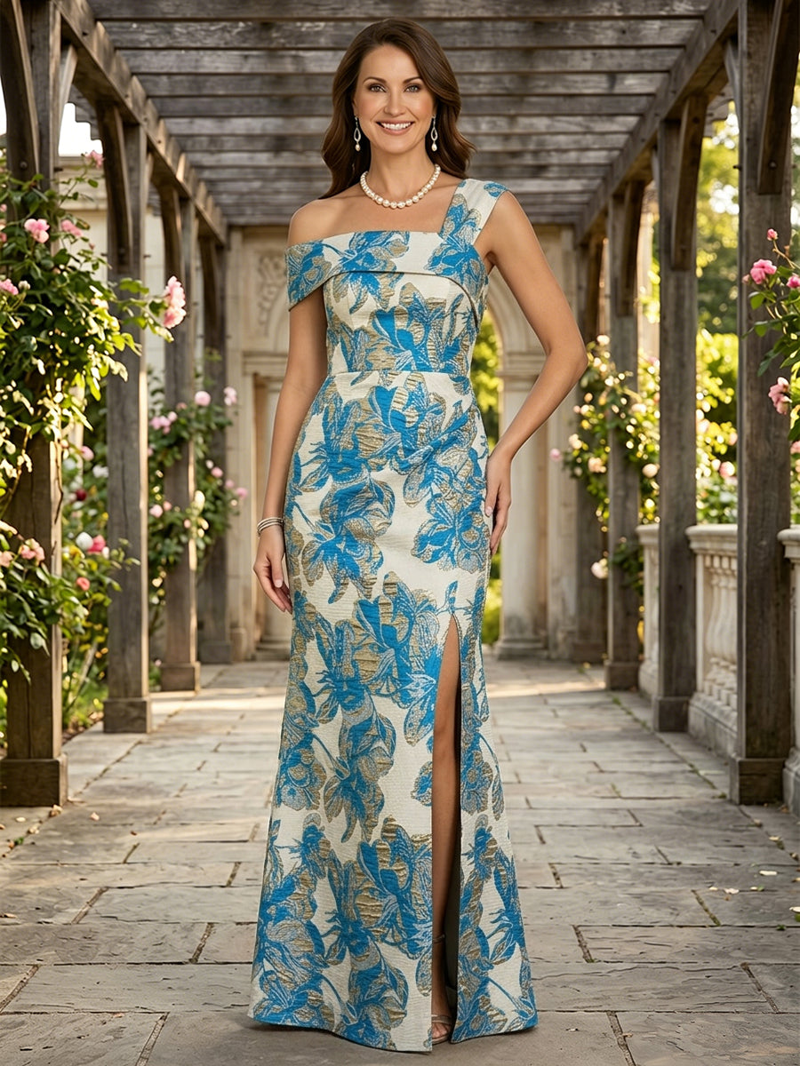 Jacquard A Line One Shoulder Slit Ruched Mother of the Bride & Groom Dresses