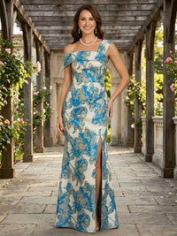 Jacquard A Line One Shoulder Slit Ruched Mother of the Bride & Groom Dresses
