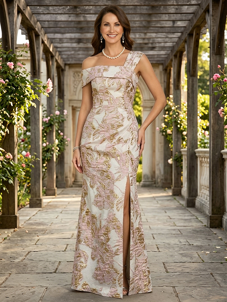 Jacquard A Line One Shoulder Slit Ruched Mother of the Bride & Groom Dresses