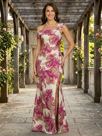 Jacquard A Line One Shoulder Slit Ruched Mother of the Bride & Groom Dresses