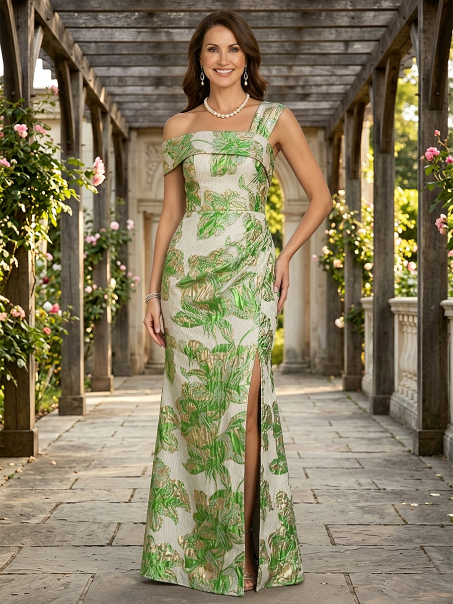 Jacquard A Line One Shoulder Slit Ruched Mother of the Bride & Groom Dresses