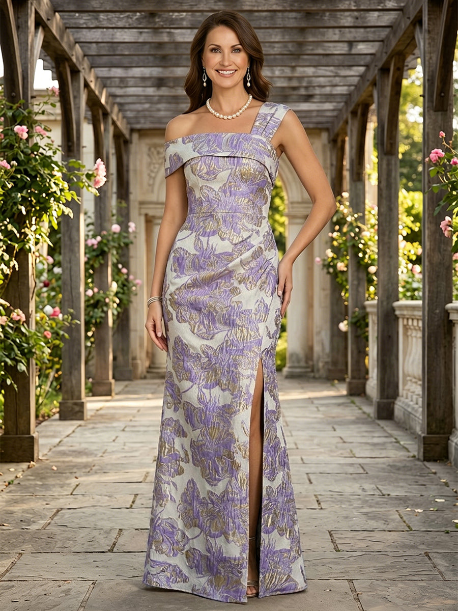 Jacquard A Line One Shoulder Slit Ruched Mother of the Bride & Groom Dresses