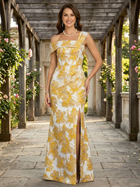 Jacquard A Line One Shoulder Slit Ruched Mother of the Bride & Groom Dresses