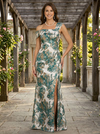 Jacquard A Line One Shoulder Slit Ruched Mother of the Bride & Groom Dresses