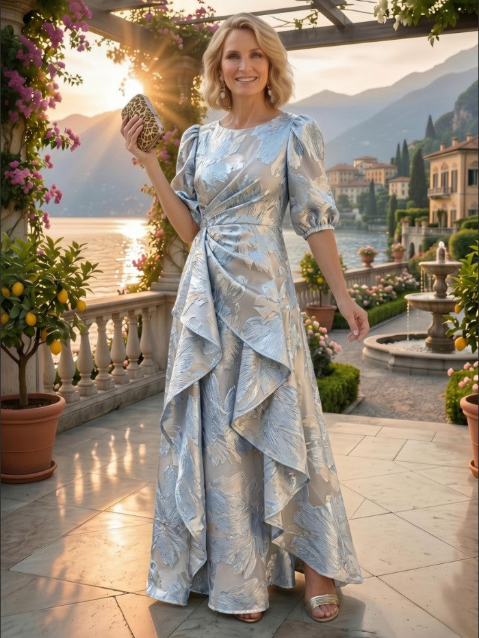 Jacquard A-Line/Princess Scoop Neck Floor-Length Mother of the Bride & Groom Dresses with Ruffles & Ruched Waist