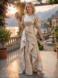 Jacquard A-Line/Princess Scoop Neck Floor-Length Mother of the Bride & Groom Dresses with Ruffles & Ruched Waist
