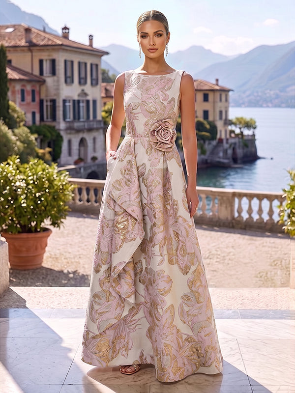 Jacquard A-Line/Princess Scoop Neck Floor-Length Mother of the Bride & Groom Dresses with Ruffles, Pleats & Pockets