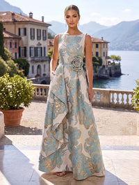 Jacquard A-Line/Princess Scoop Neck Floor-Length Mother of the Bride & Groom Dresses with Ruffles, Pleats & Pockets
