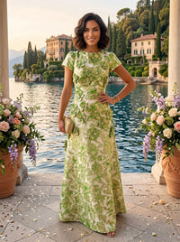 Jacquard A-Line Short Sleeves Formal Dresses with 3D Flowers