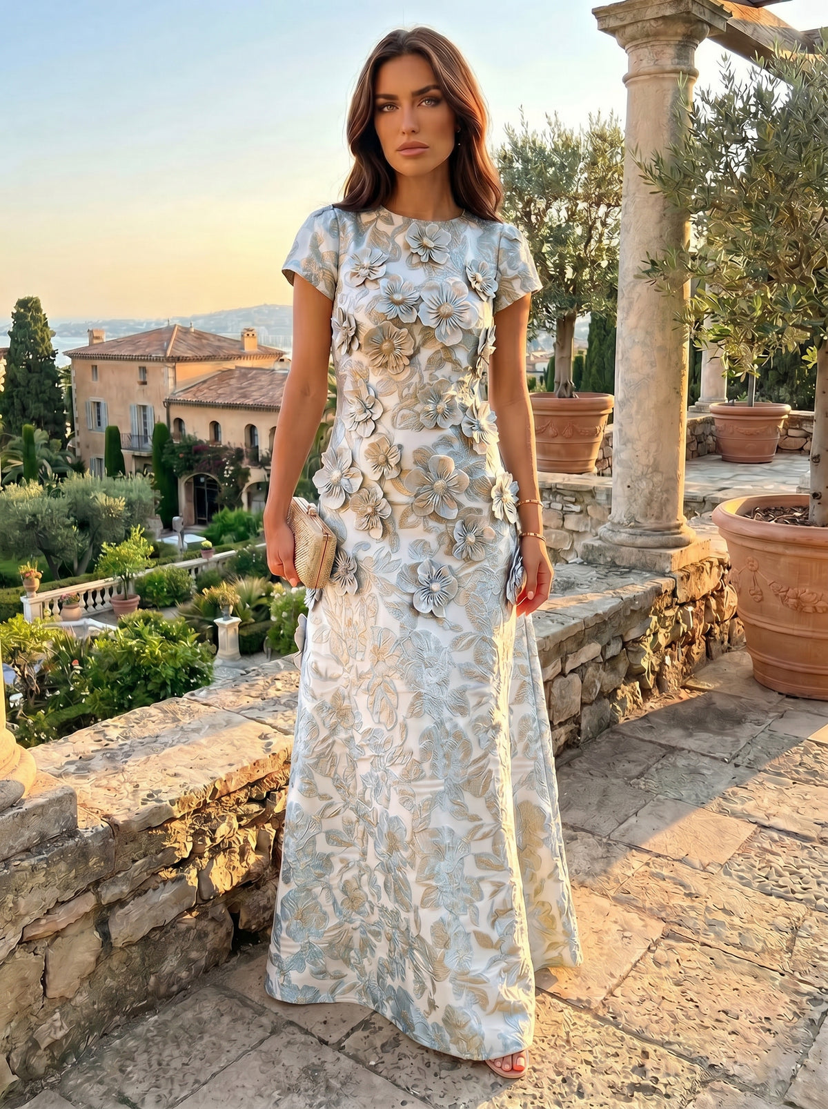 Jacquard A-Line Short Sleeves Formal Dresses with 3D Flowers