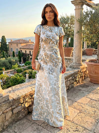 Jacquard A-Line Short Sleeves Formal Dresses with 3D Flowers
