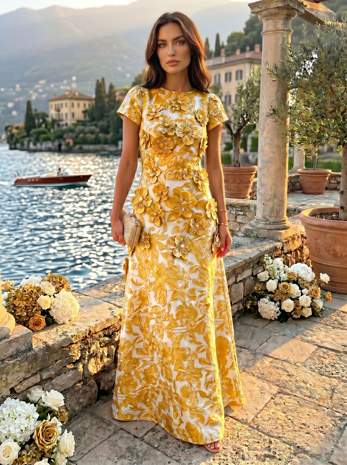 Jacquard A-Line Short Sleeves Formal Dresses with 3D Flowers