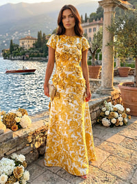 Jacquard A-Line Short Sleeves Formal Dresses with 3D Flowers