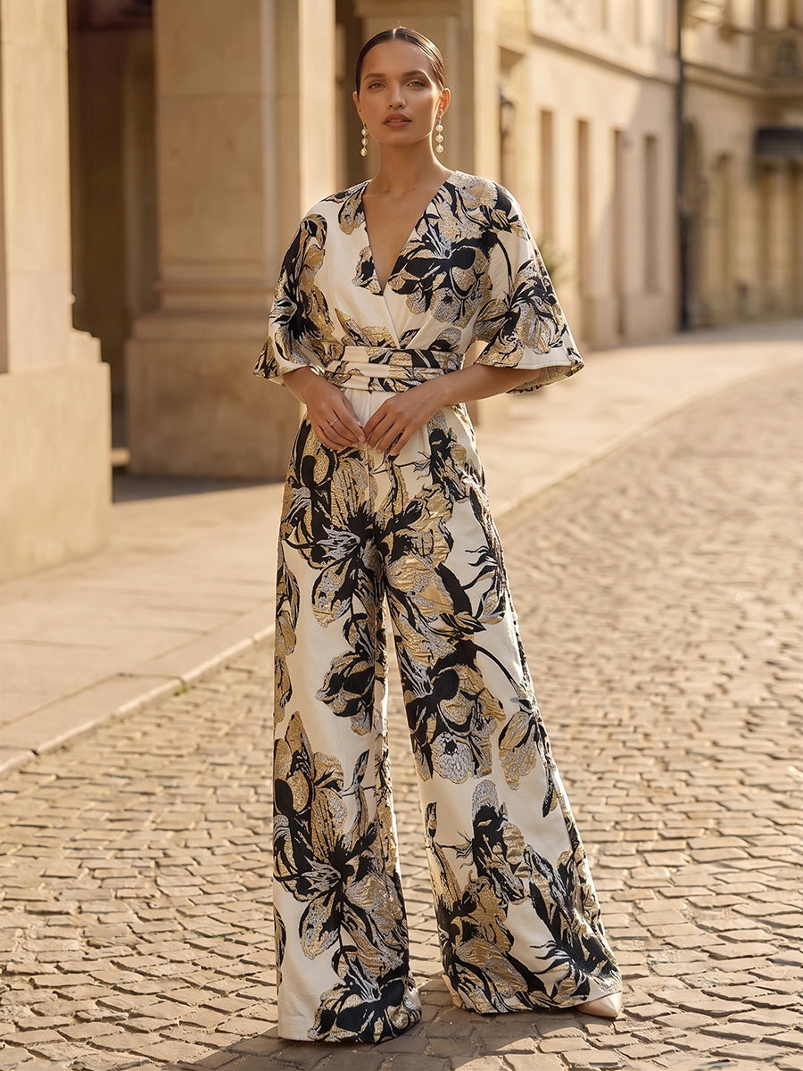 Jacquard Pantsuit V-Neck Floor-Length Formal Dresses with Ruched Waist