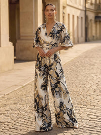 Jacquard Pantsuit V-Neck Floor-Length Formal Dresses with Ruched Waist