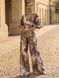Jacquard Pantsuit V-Neck Floor-Length Formal Dresses with Ruched Waist
