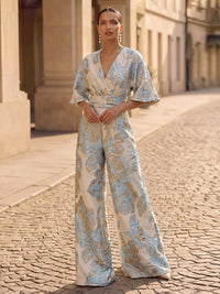Jacquard Pantsuit V-Neck Floor-Length Formal Dresses with Ruched Waist
