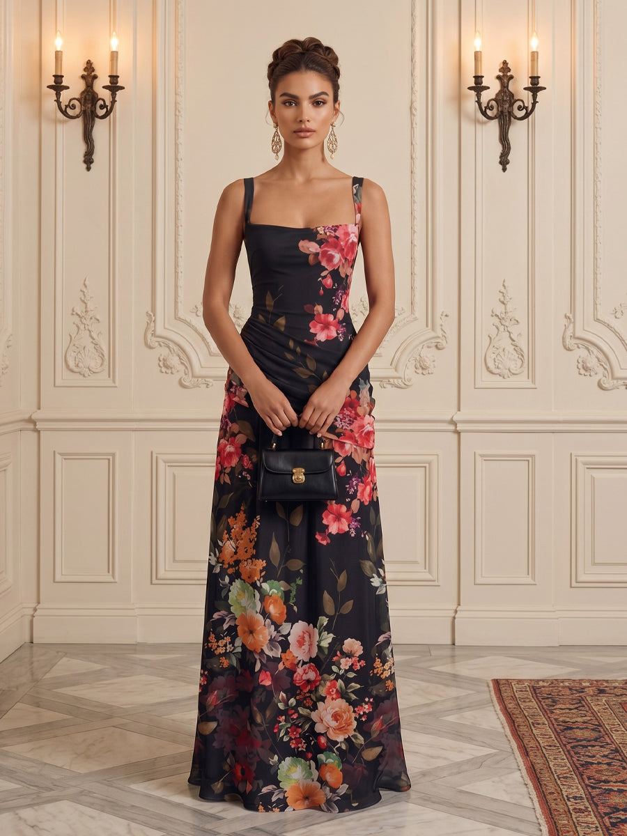 Floral Print A-Line/Princess Square Neck Floor-Length Formal Dresses with Ruched Waist