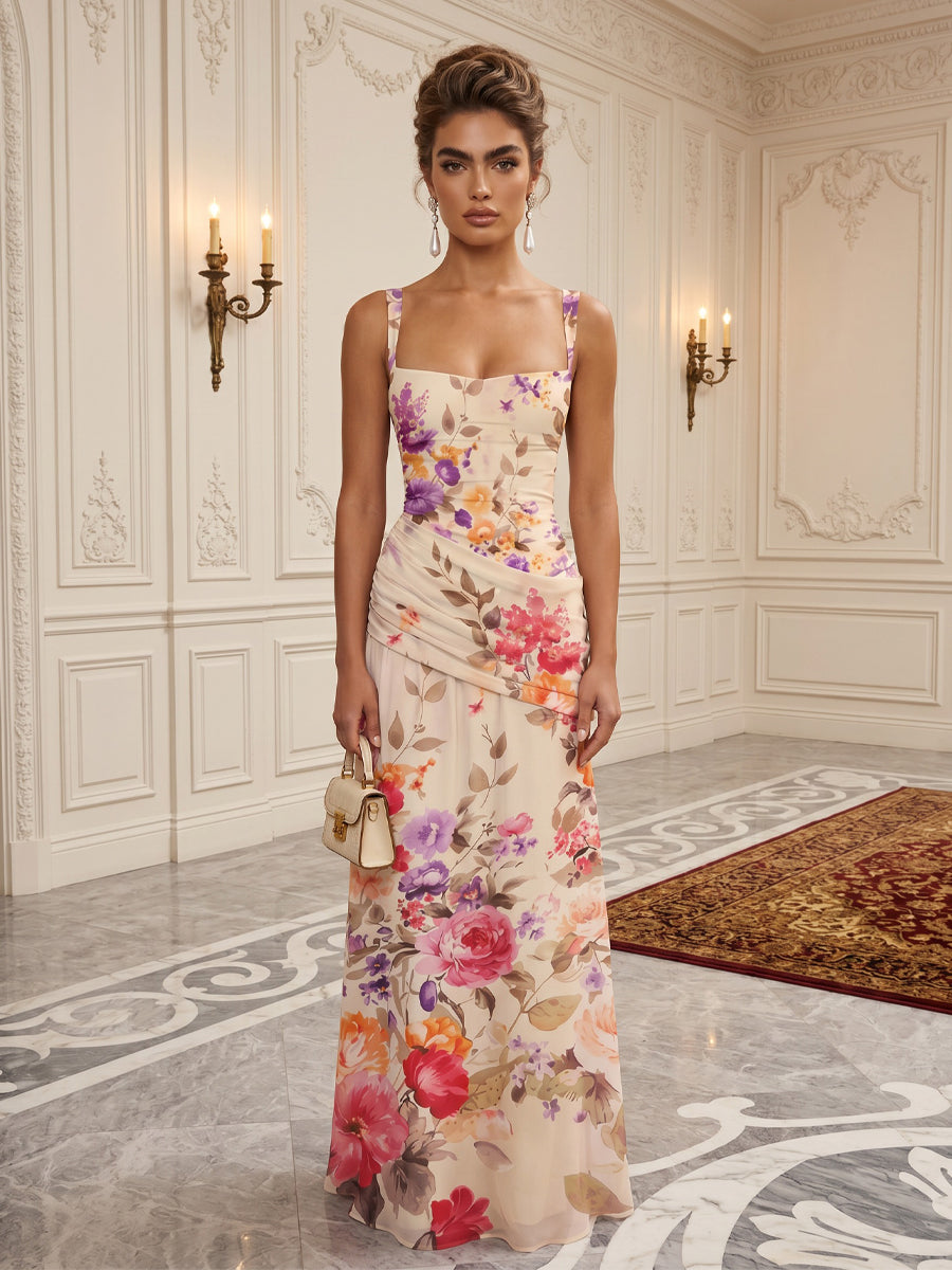 Floral Print A-Line/Princess Square Neck Floor-Length Formal Dresses with Ruched Waist