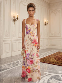 Floral Print A-Line/Princess Square Neck Floor-Length Formal Dresses with Ruched Waist