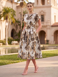 A-Line/Princess Jacquard Scoop Neck Tea-Length Cocktail Dresses