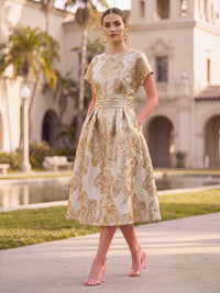 A-Line/Princess Jacquard Scoop Neck Tea-Length Cocktail Dresses