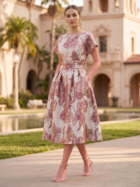 A-Line/Princess Jacquard Scoop Neck Tea-Length Cocktail Dresses