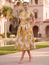 A-Line/Princess Jacquard Scoop Neck Tea-Length Cocktail Dresses