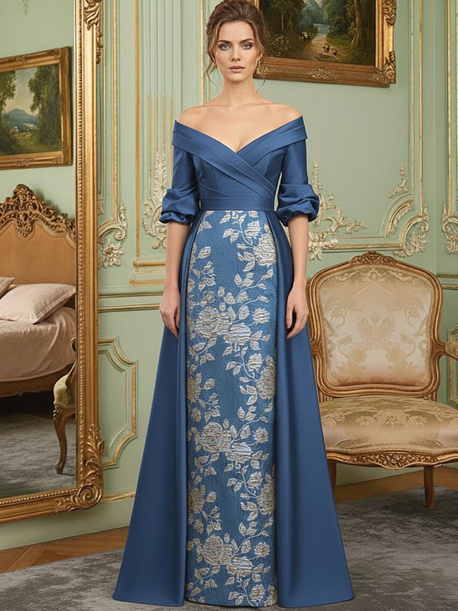 Jacquard Sheath Off-Shoulder 3/4 Sleeve Ruched Long Evening Dresses with Train