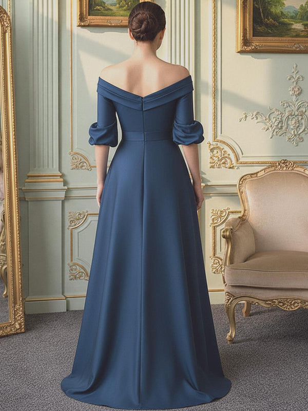 Jacquard Sheath Off-Shoulder 3/4 Sleeve Ruched Long Evening Dresses with Train
