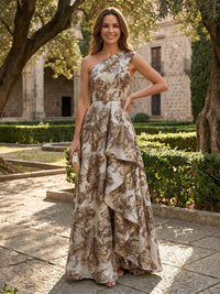 Jacquard A-Line/Princess One Shoulder Floor-Length Evening Dresses with Ruffles