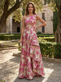 Jacquard A-Line/Princess One Shoulder Floor-Length Evening Dresses with Ruffles