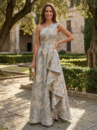 Jacquard A-Line/Princess One Shoulder Floor-Length Evening Dresses with Ruffles