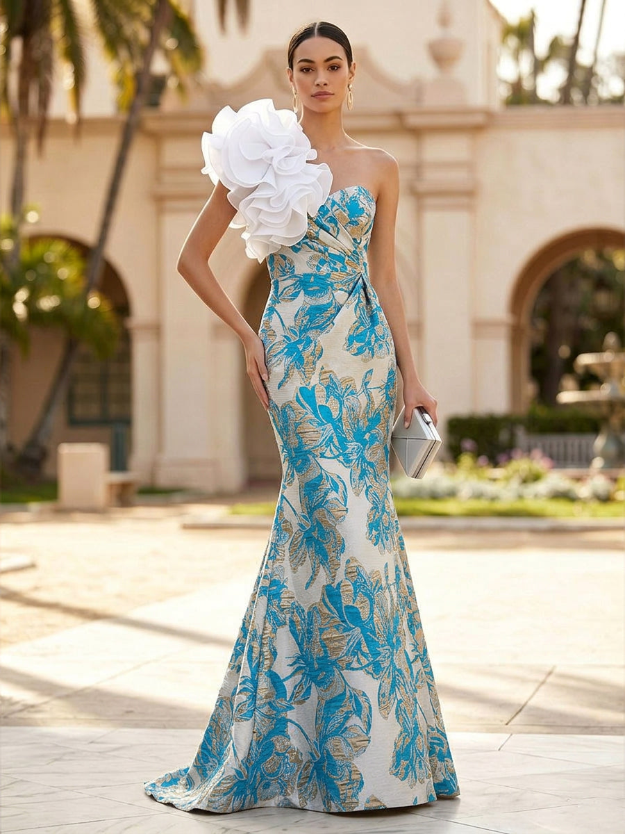 Jacquard Mermaid/Trumpet One Shoulder Floor-Length Evening Dresses with Ruched Waist