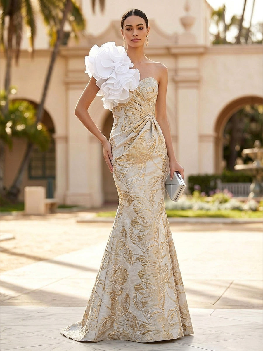 Jacquard Mermaid/Trumpet One Shoulder Floor-Length Evening Dresses with Ruched Waist