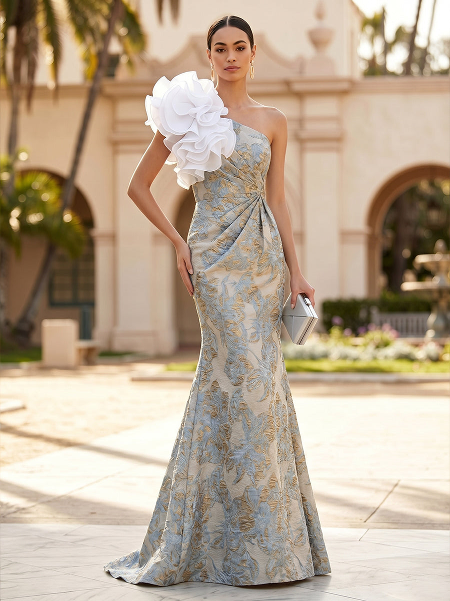 Jacquard Mermaid/Trumpet One Shoulder Floor-Length Evening Dresses with Ruched Waist