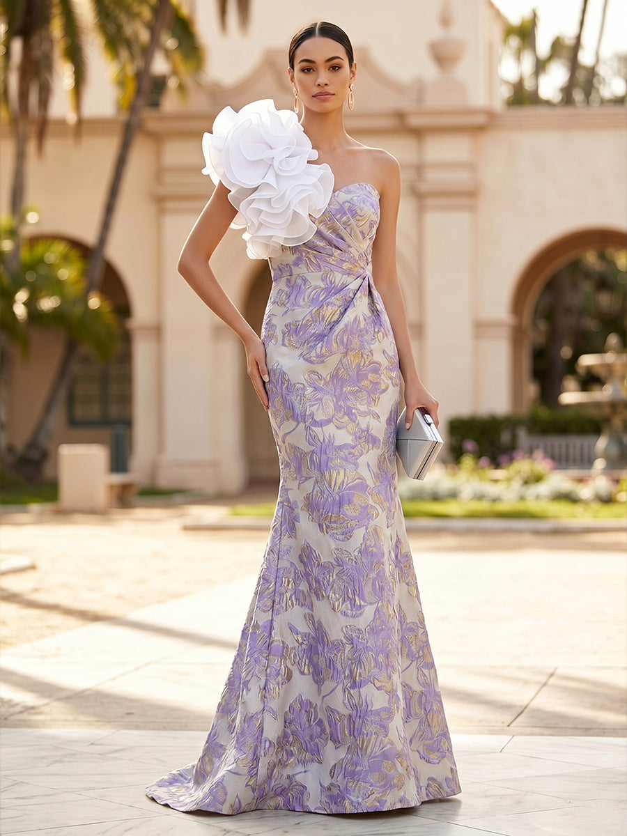 Jacquard Mermaid/Trumpet One Shoulder Floor-Length Evening Dresses with Ruched Waist
