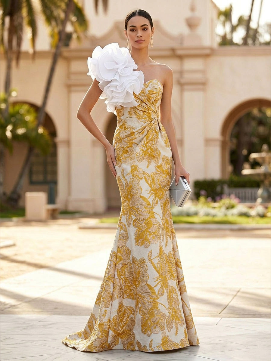 Jacquard Mermaid/Trumpet One Shoulder Floor-Length Evening Dresses with Ruched Waist