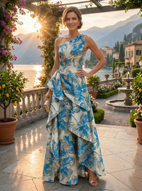 Floral Print A-Line/Princess One Shoulder Floor-Length Evening Dresses with Ruffles